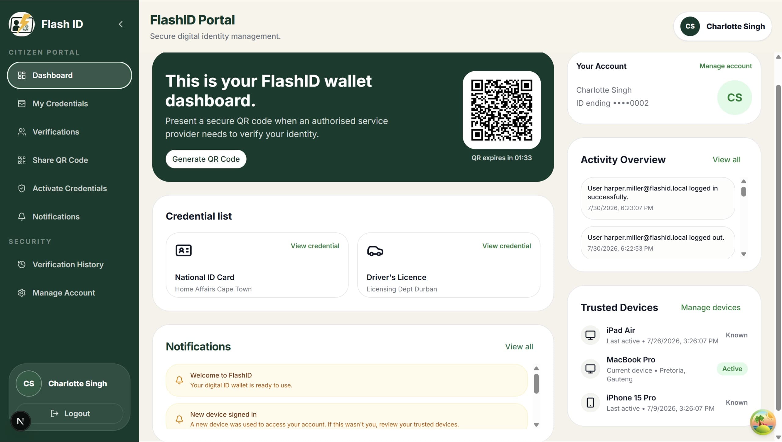 FlashID citizen dashboard preview